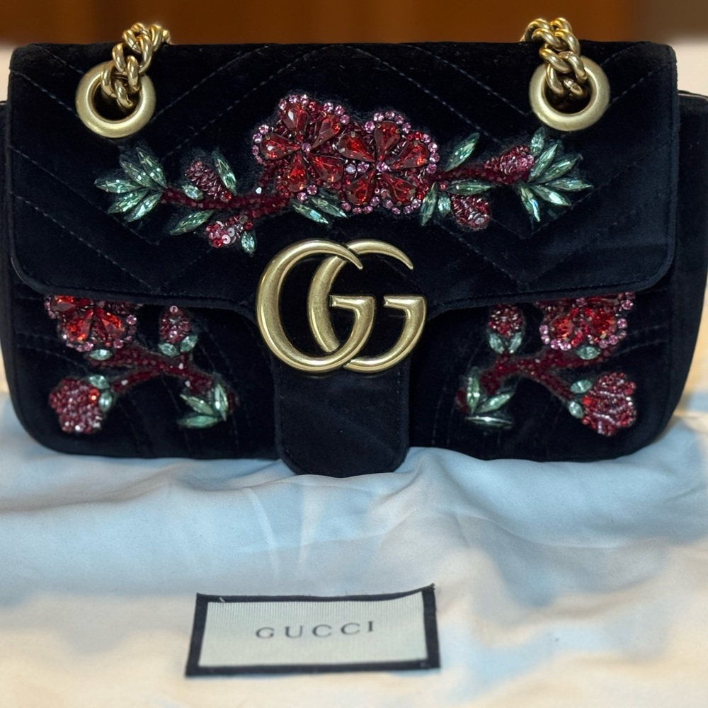 Gucci Marmont Floral Embellished Black Velvet Crossbody Purse